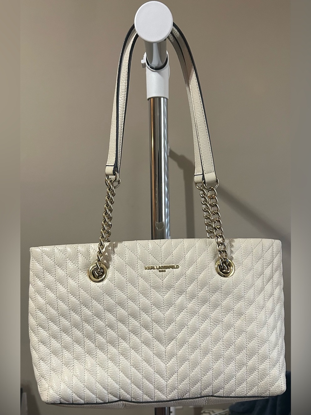 Karl Lagerfeld Cream Quilted Tote with Gold Chain Straps